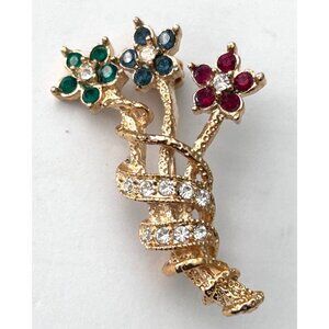 Roma Signed Floral Bouquet Pin Brooch Rhinestones Gold Tone Spring Flowers